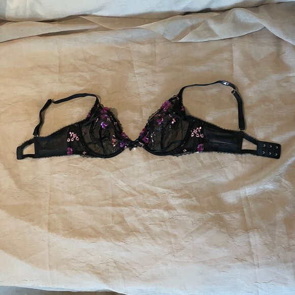 Victoria's Secret Other - Victoria's Secret Black Embroidered Purple and Pink Accent Low Cut Demi